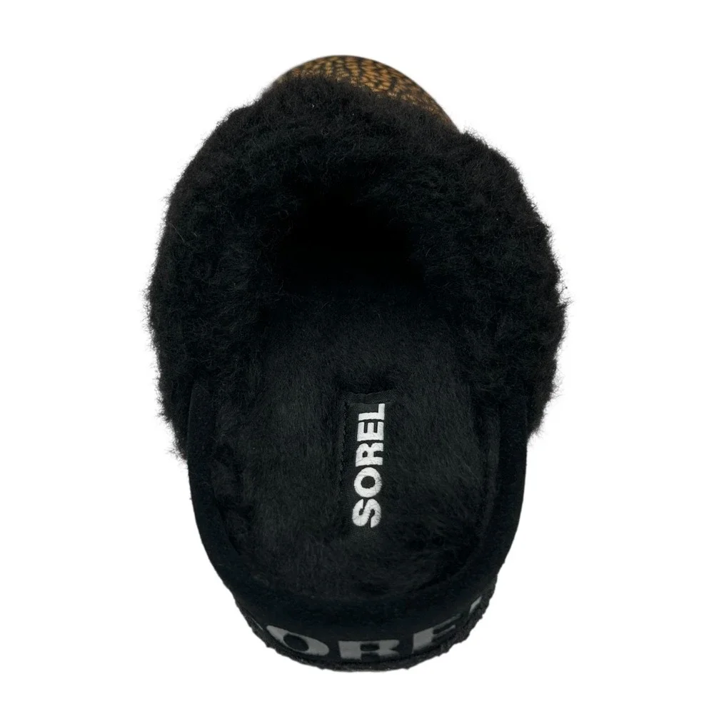 SOREL Nakiska Youth Girls Faux Fur Slippers Size 2 Black Gold Animal‎ Print Warm